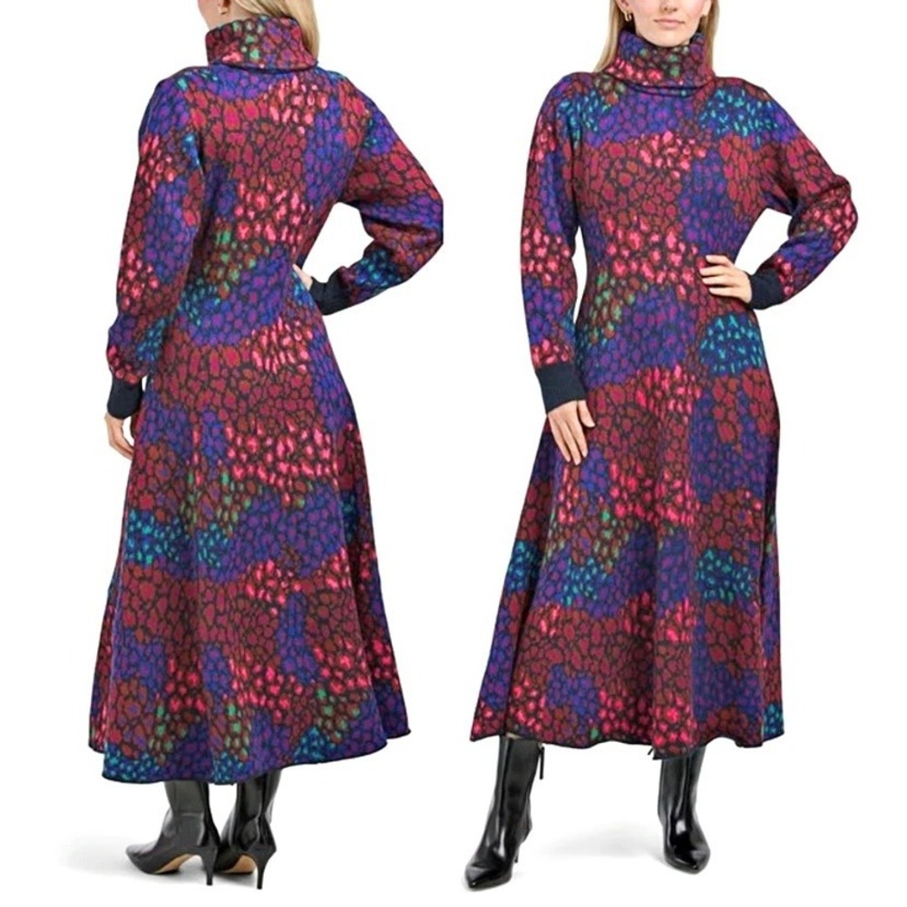 Farm Rio Sweater Dress Multicolor Animal Print Knit Turtleneck Boho Winter Large
